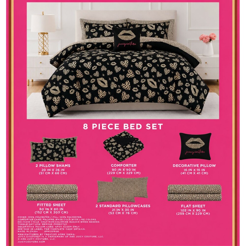 Juicy Couture Queen 8 Piece Bed Set Leopard Lips Comforter Sheet Set NWT